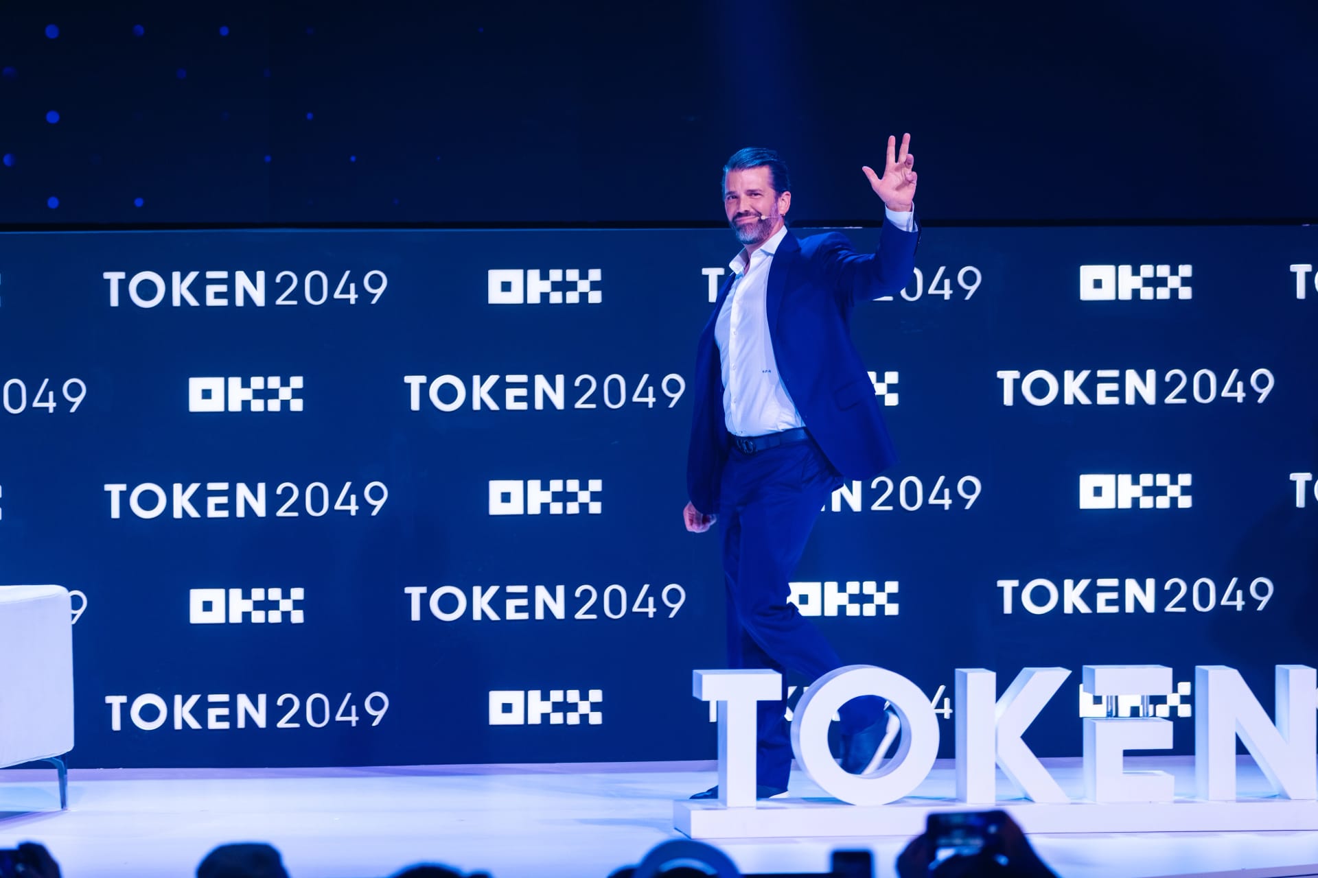 Donald Trump Jr., President Trump’s oldest son, is the co-founder of World Liberty Financial Bitcoin mining venture American Bitcoin Corp., assured audience members there are no conflicts of interest. Source: Token2049.