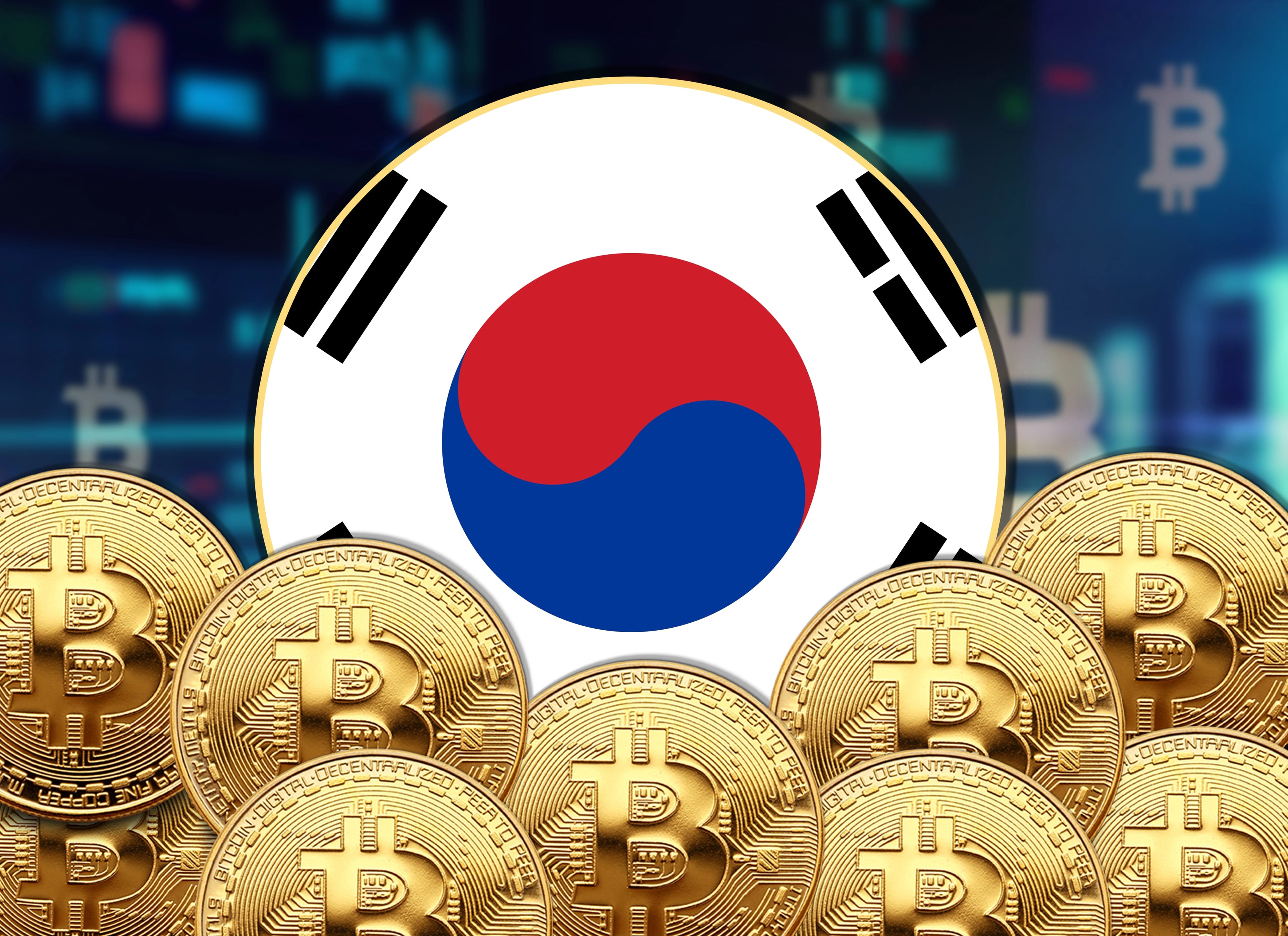 South,Korea,Flag,Round,Shape,With,Bitcoin,And,Stock,Rate