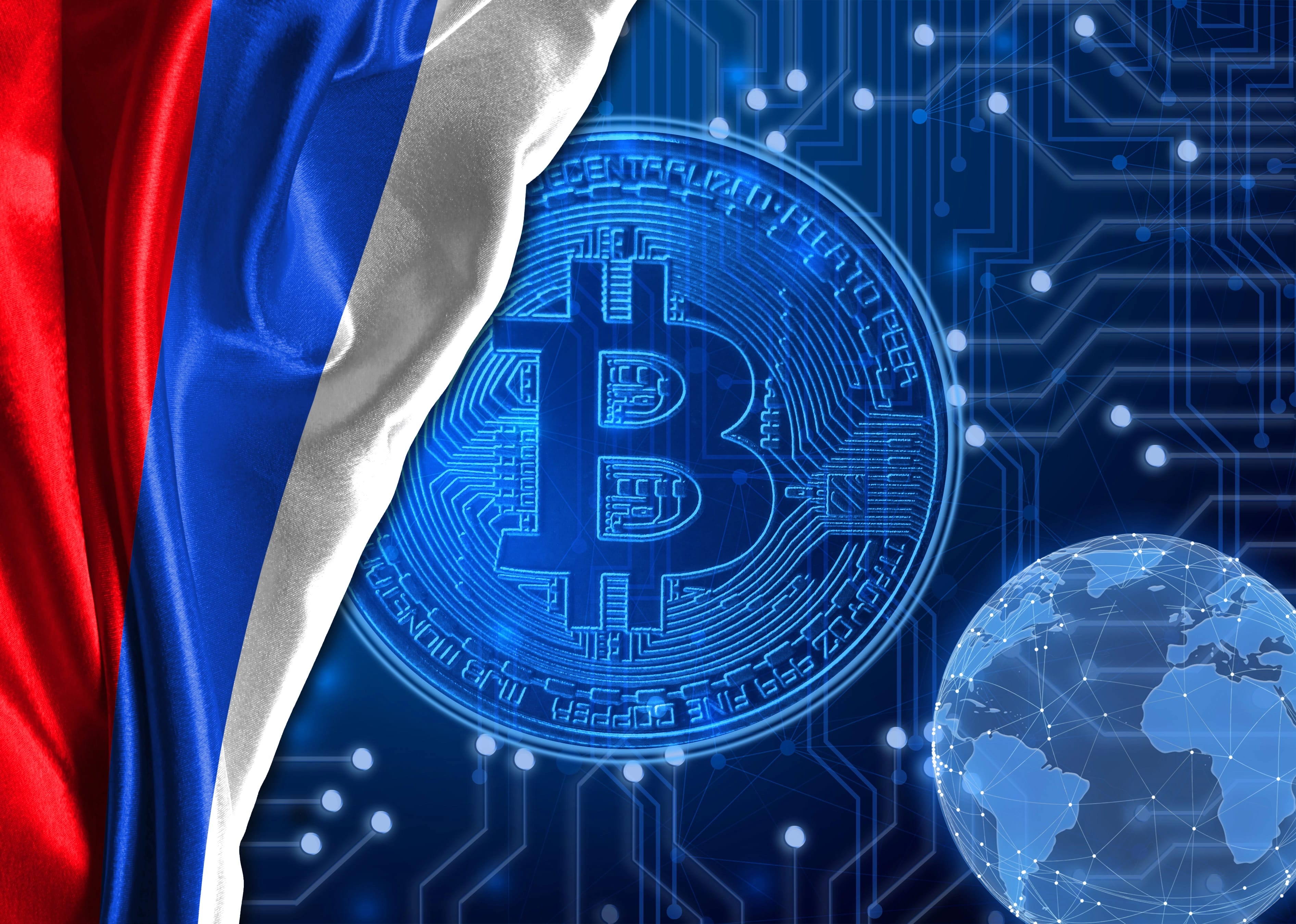 Flag,Of,Russia,Against,The,Background,Of,Crypto,Currency,Bitcoin.