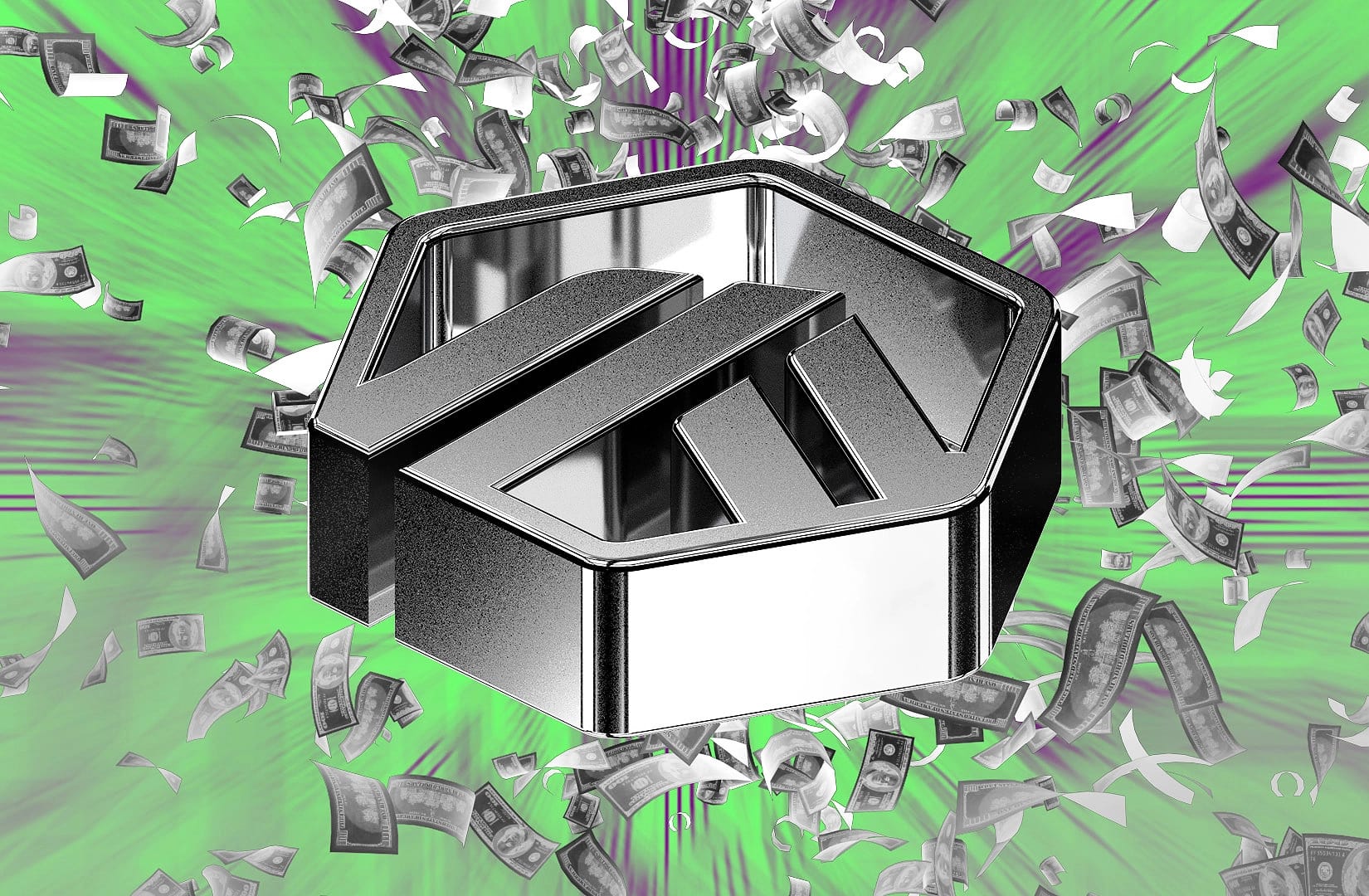 Arbitrum as the main image with lots of dollars raining down