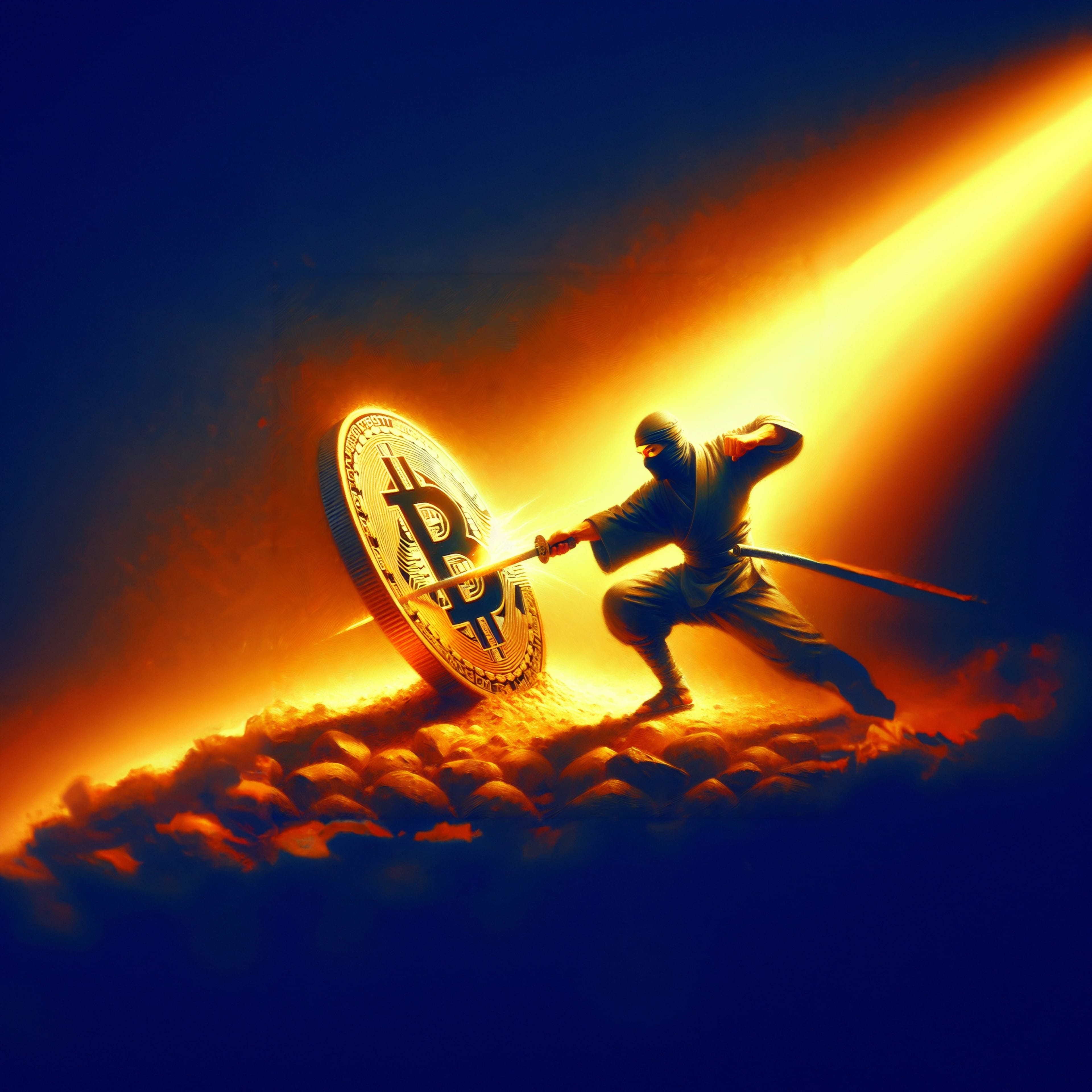 Oil,Painting,Artistic,Image,Of,Ninja,Cutting,Bitcoin,In,Half