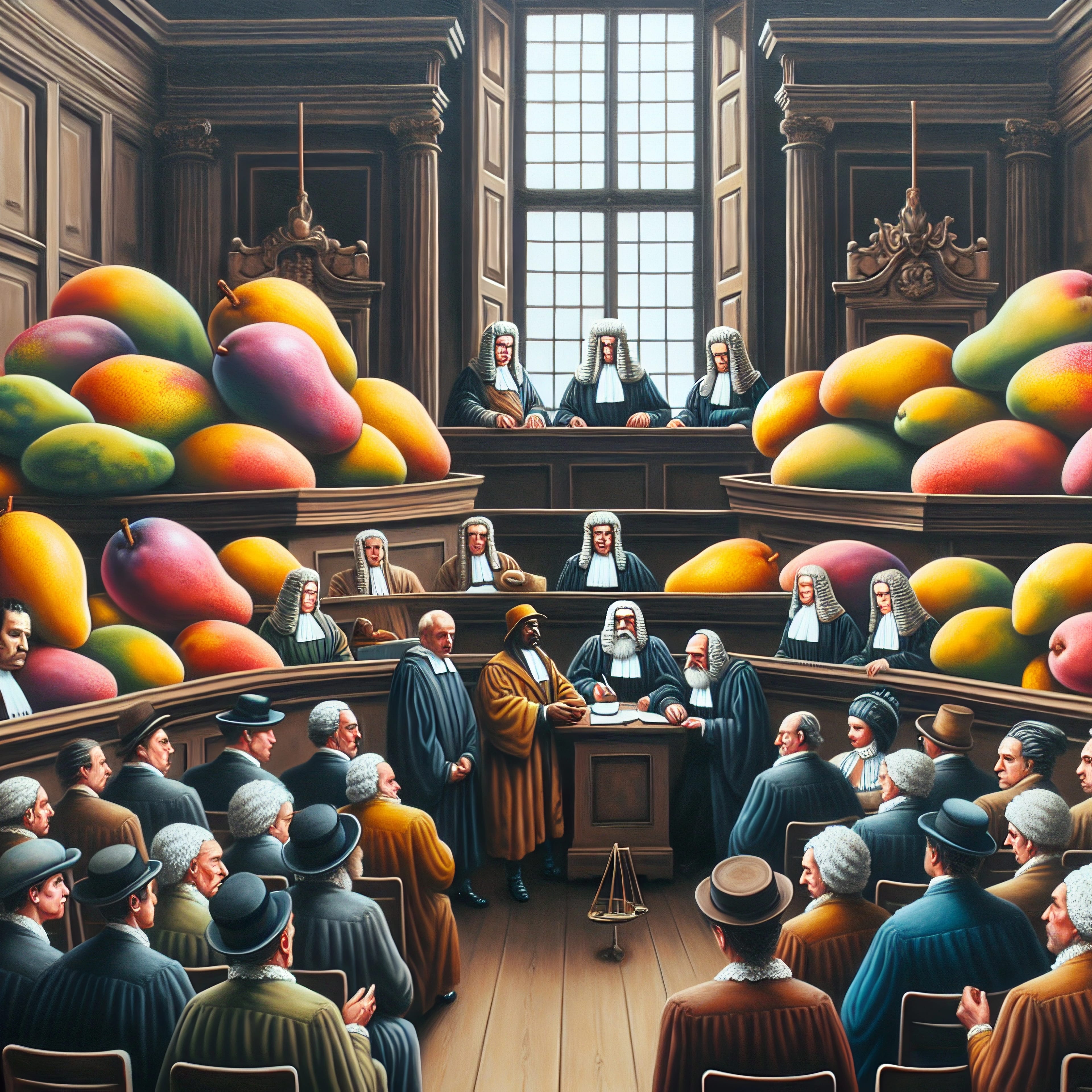 A,Courtroom,With,Mangos,On,Trial,Oil,Painting,Style