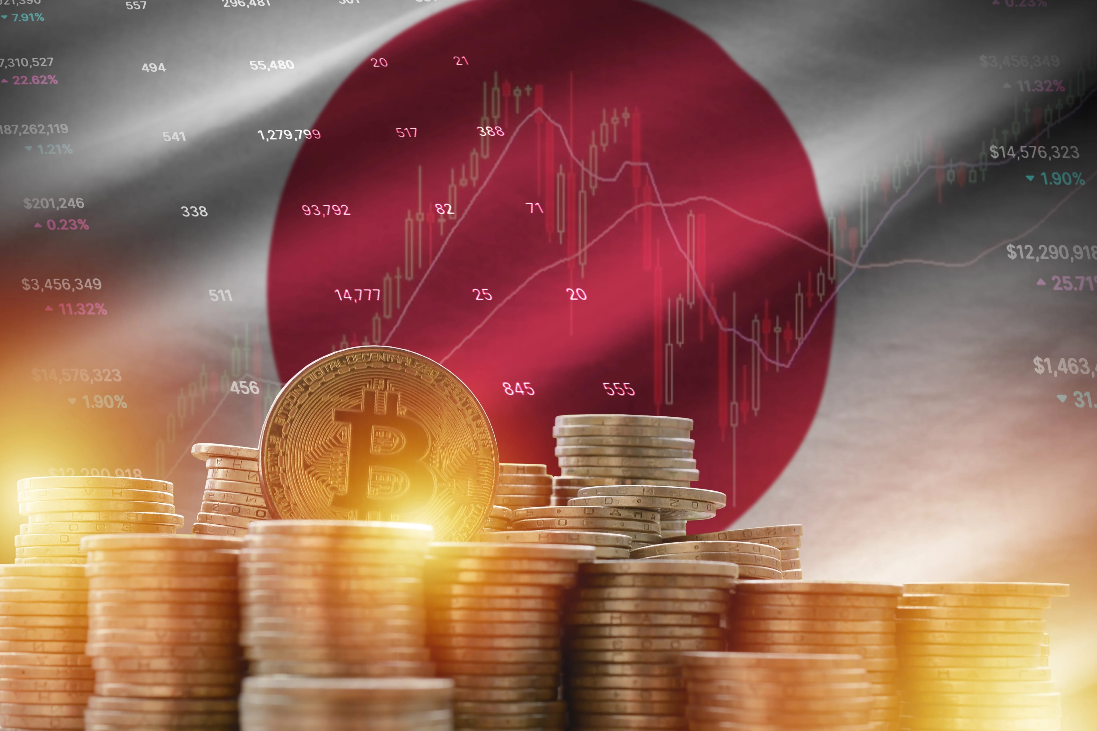 Japan,Flag,And,Big,Amount,Of,Golden,Bitcoin,Coins,And