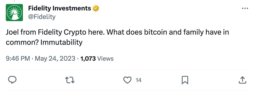 Fidelity Investments posts about Bitcoin's unchangeable nature.