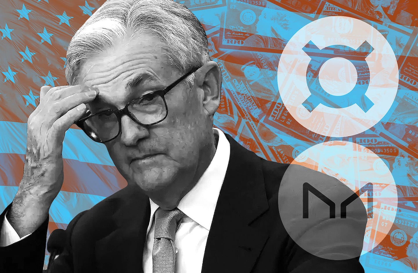 Portrait of Jerome Powell, over a background of the US flag, with superimposed dollar bills, and logos of MakerDAO and Frax.