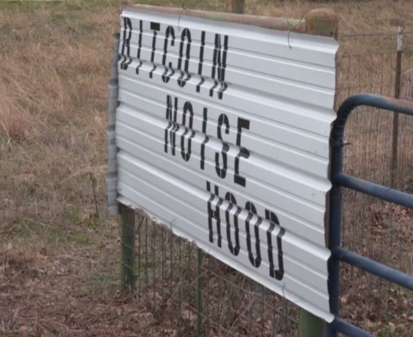 A “Bitcoin Noise Hood” sign outside of Cheryl Shadden’s property. Source: ABC News.