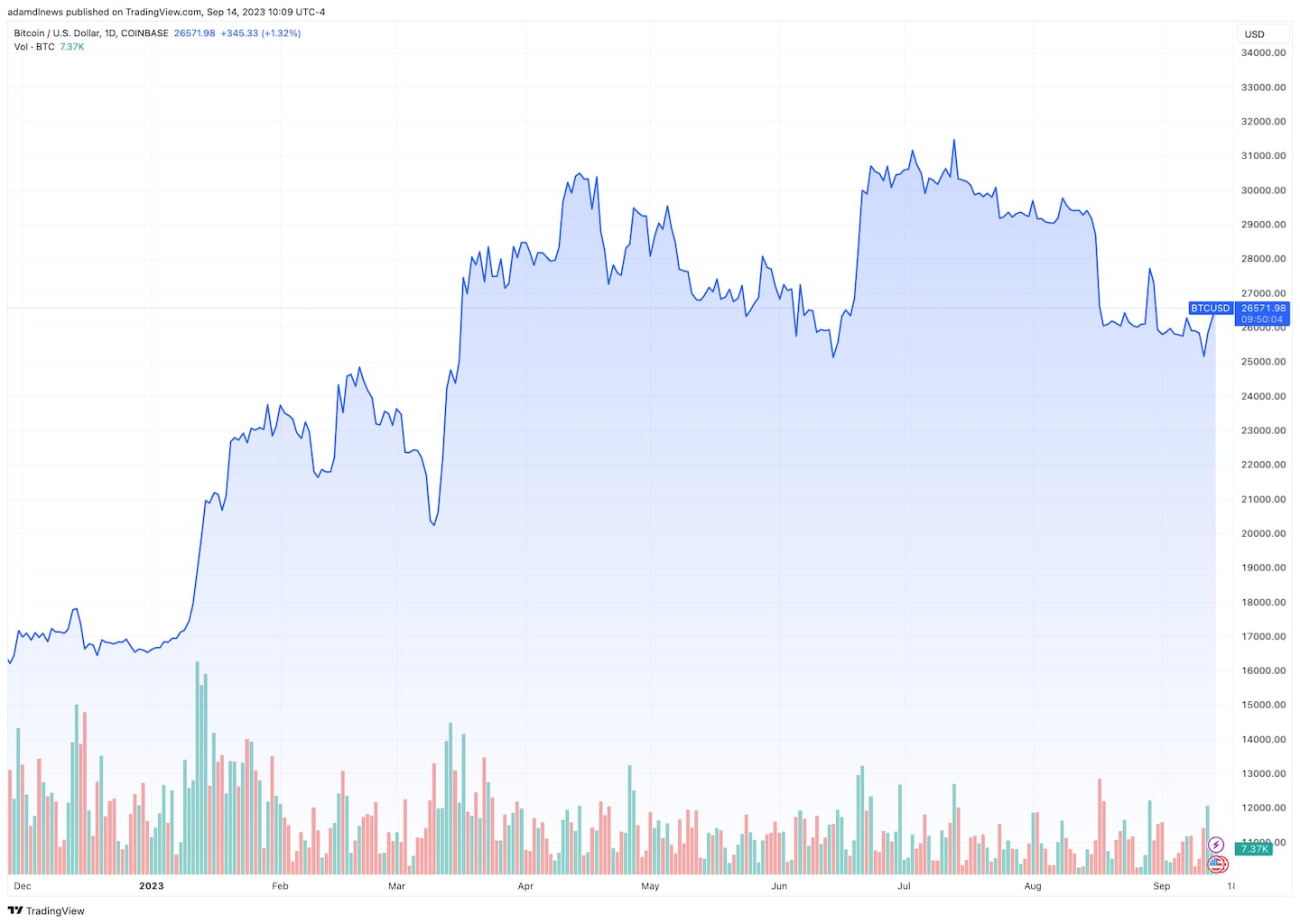 Bitcoin price movement year-to-date, showing the price of the asset steadily increasing.