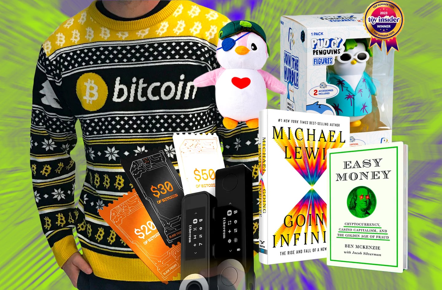 Portrait of crypto Christmas gifts: Pudgy penguin toys, hardware wallets, crypto christmas jumpers, Going infinite and Easy money books.