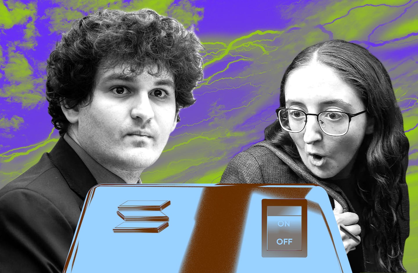 A portrait of SBF and Caroline Ellison watching a machine with the logo of Solana and a ON/OFF switch.