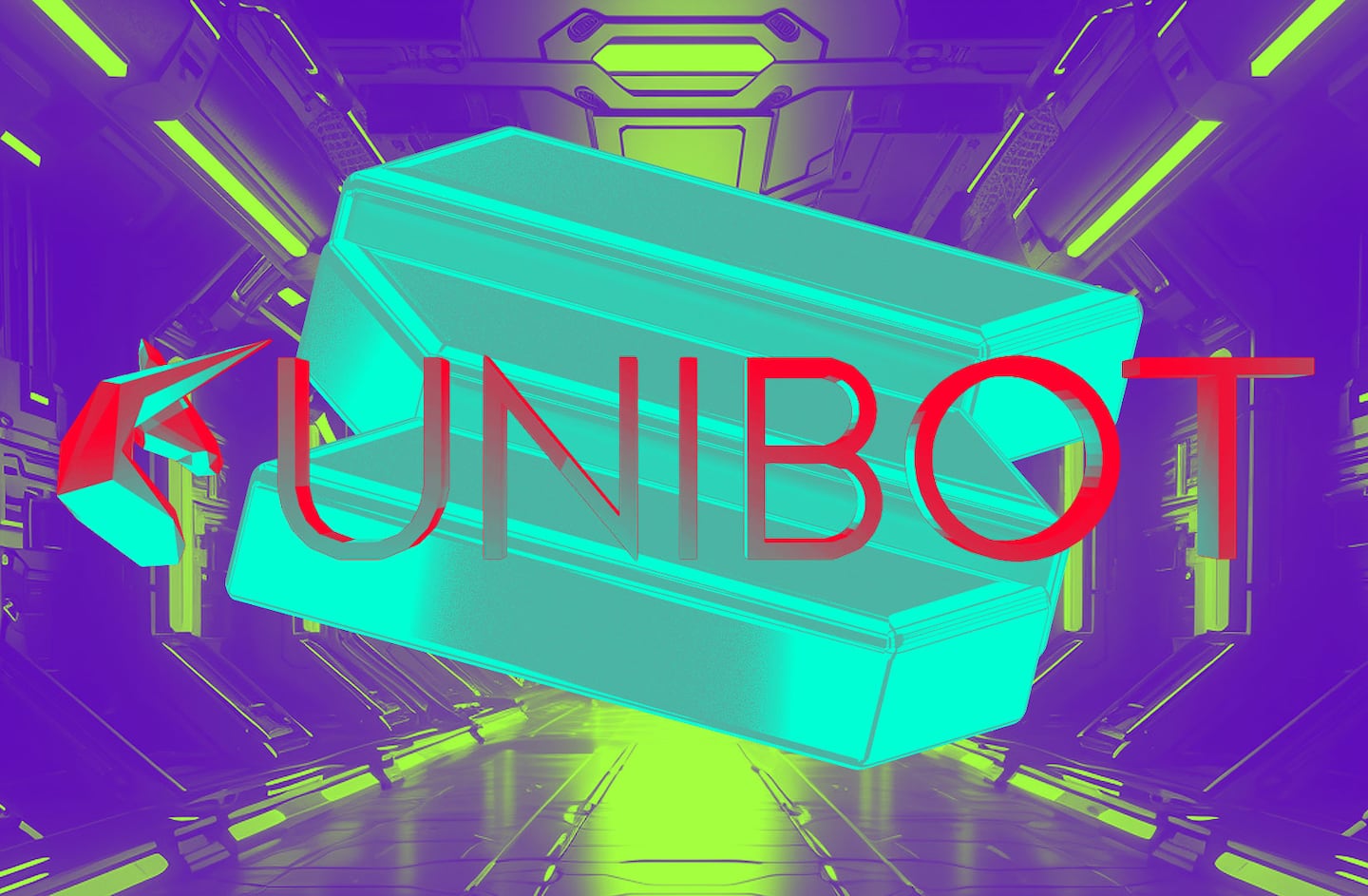 An illustration of Unibot and Solana logos over a robotic background.