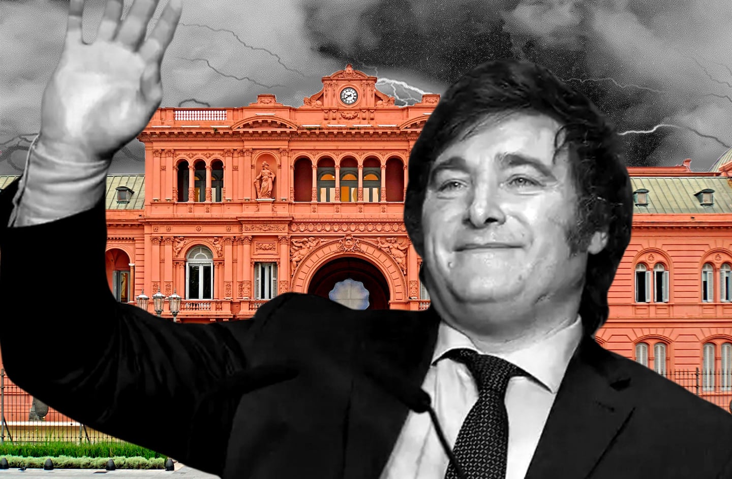 Portrait of Javier Milei  and Casa Rosada.