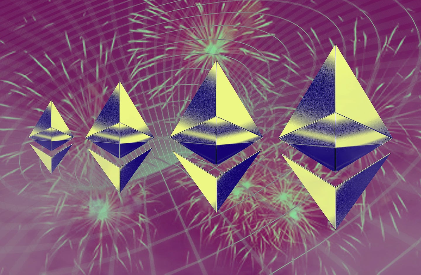 Portrait of Ethereum logos going from small to big, with superimposed fireworks over a background of a wormhole structure.