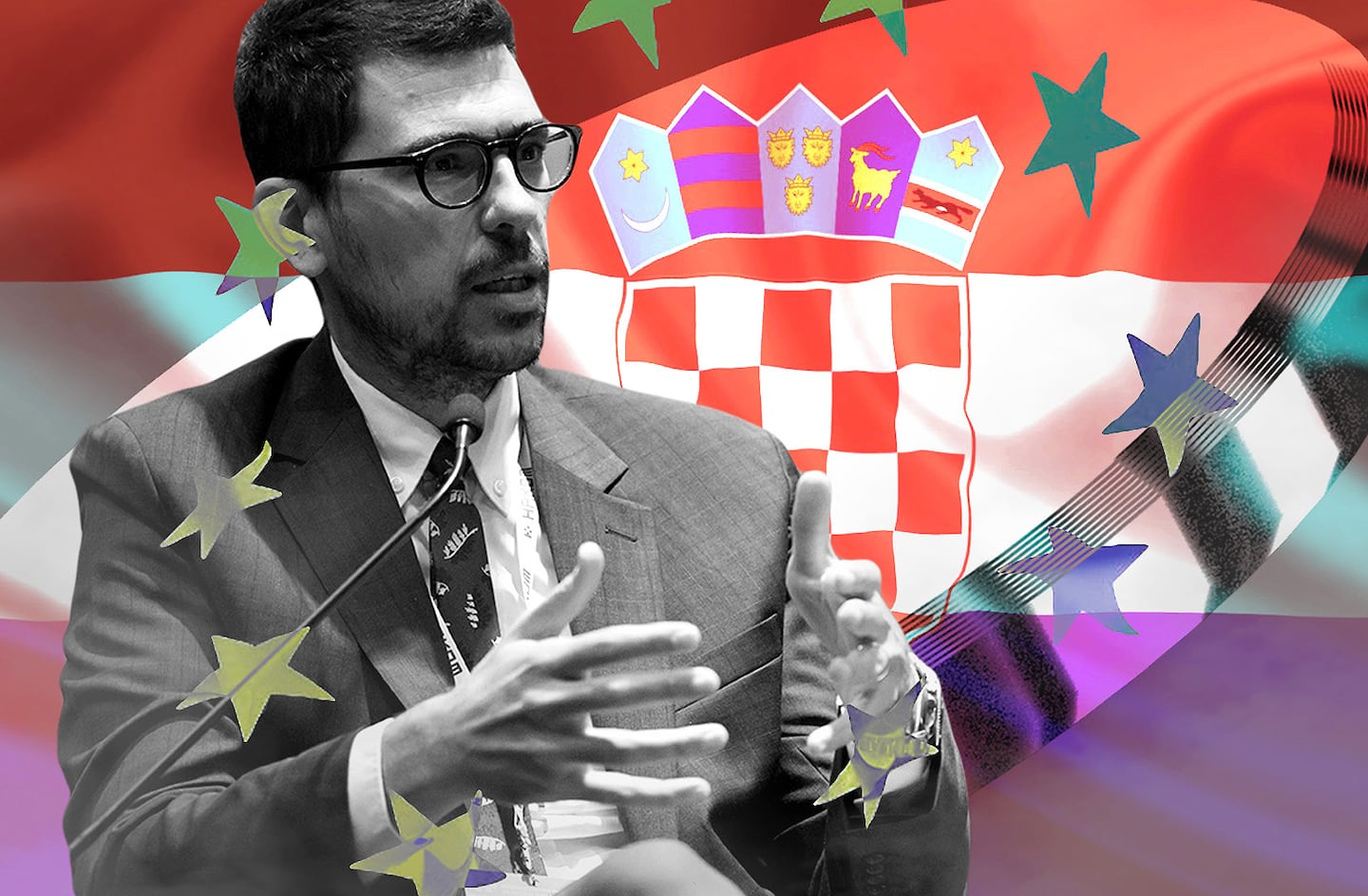 Portrait of Vlaho Hrdalo, over a background of the Croation flag with superimposed token and the EU flag stars.