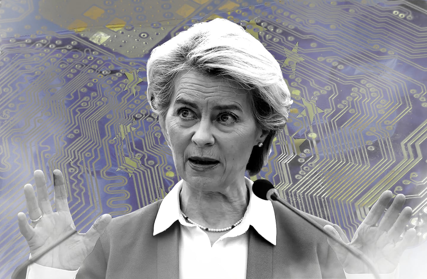 Portrait of Ursula Von der Leyen with an electronic board and the EU flag mixed in the background.