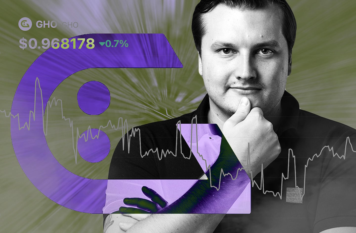 Portrait of Aave founder Stani Kuchelov sperimposed over the GHO logo and a graph of the GHO price.