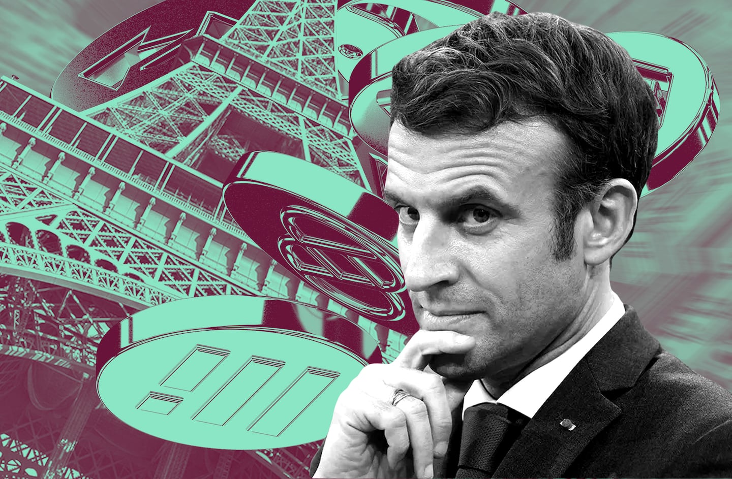 Portrait of Emmanuel Macron with the Eiffel Tower in the background with tokens flying around.