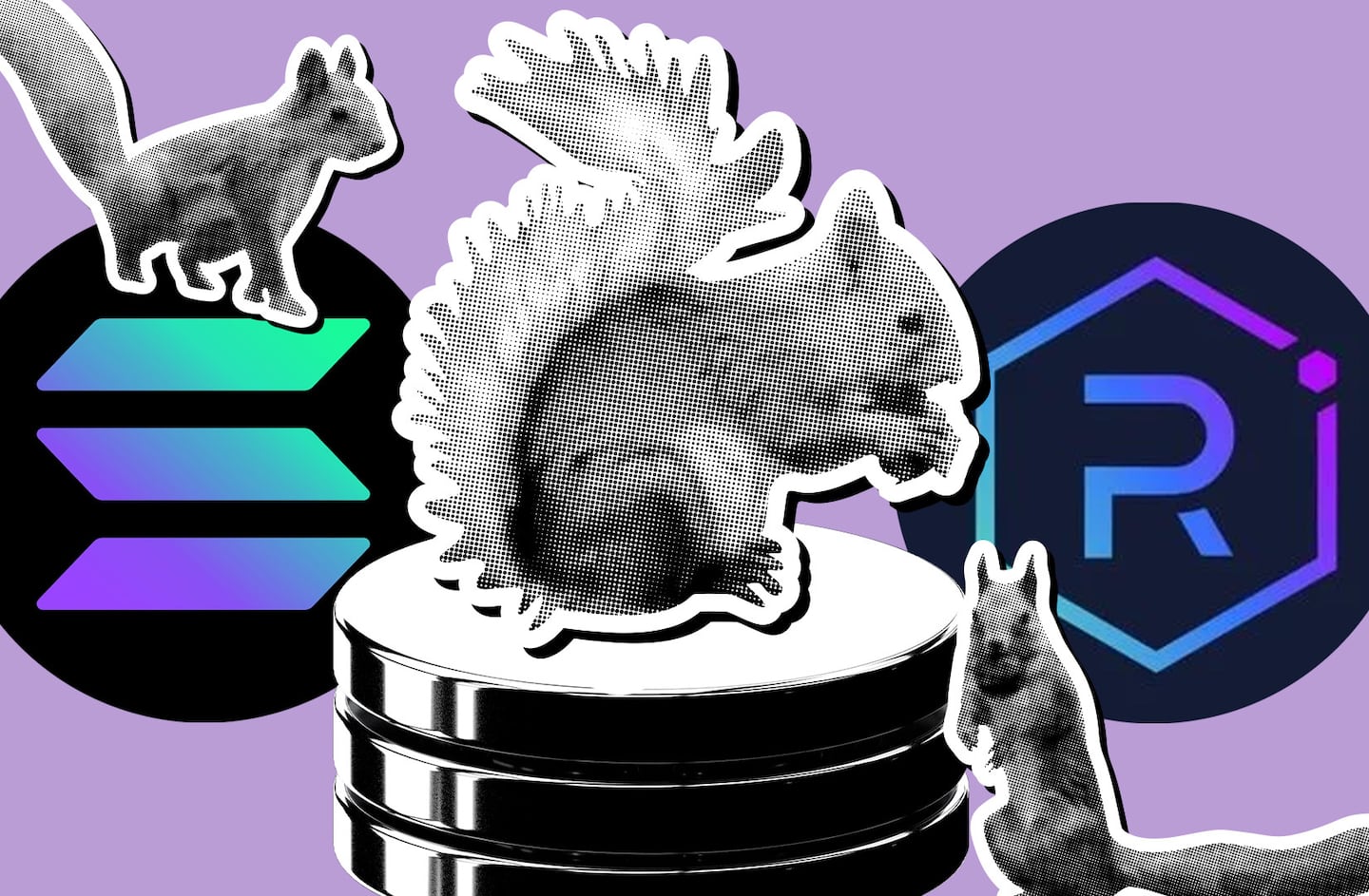 An illustration of a Squirrel on top of a pile of tokens with Solana and Raydium logos in the background.