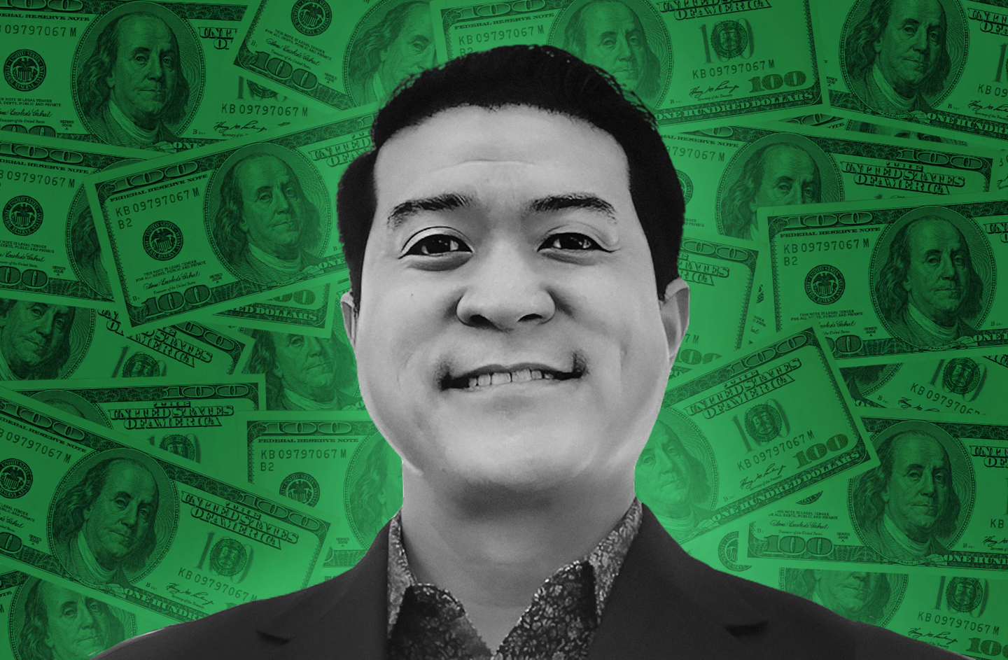 illustration of Elliot Chun with bitcoin logo and dollar bills