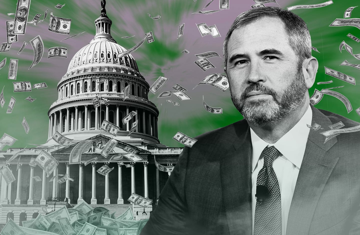 Portrait of  Ripple's CEO Brad Garlinghouse over the Capitol Hill and flying dollar bills.