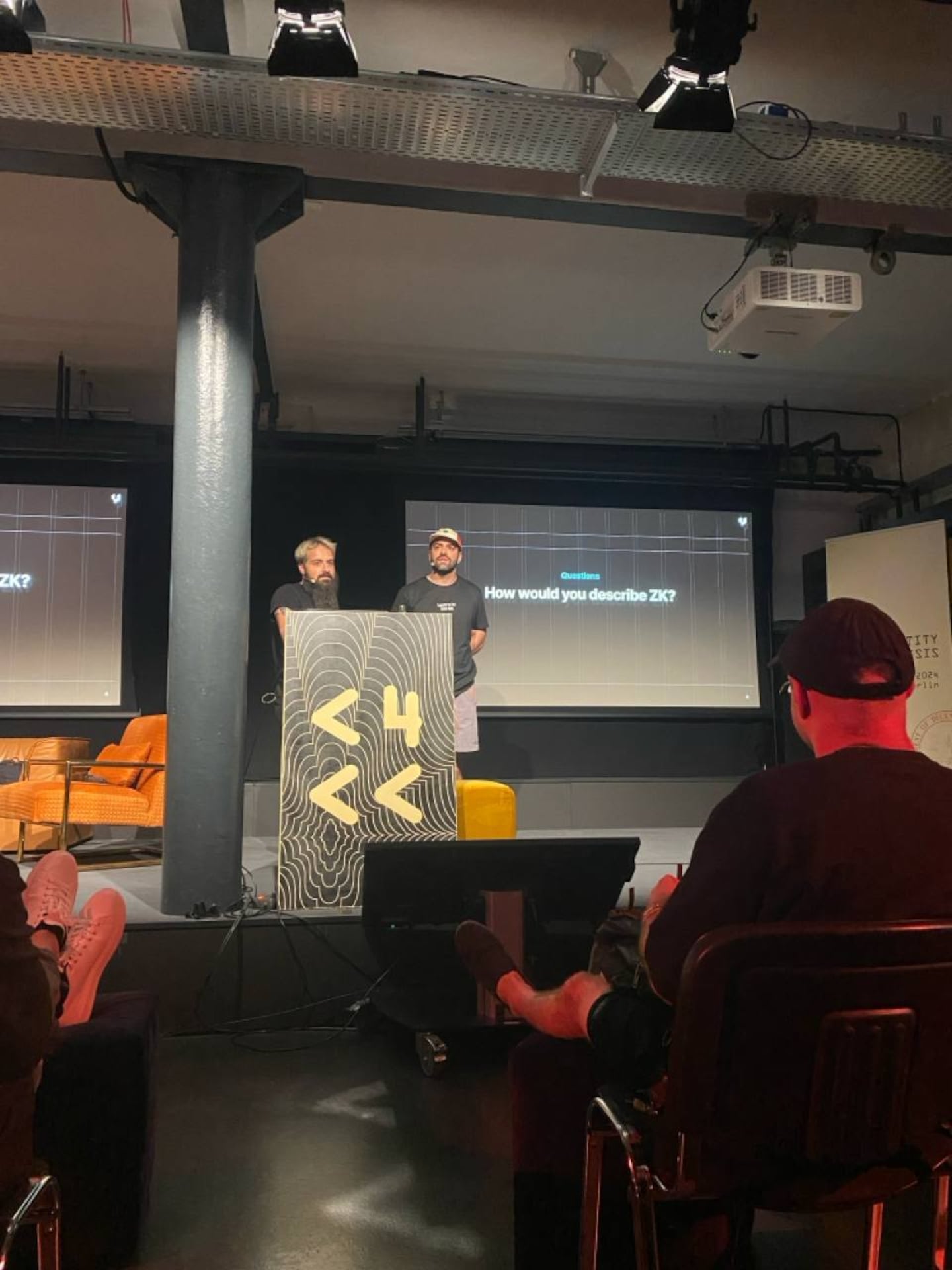 Co-founder and CPO of ChainSafe Gregory Markou and developer at Phylax Systems Odysseas Lamtzidis speaking on stage at ETHBerlin.